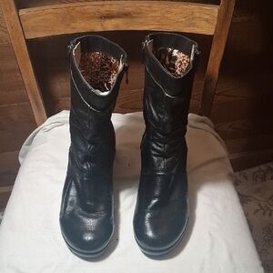 Alegria Black Mid-Calf Zip Heeled Boots with Leopard Lining